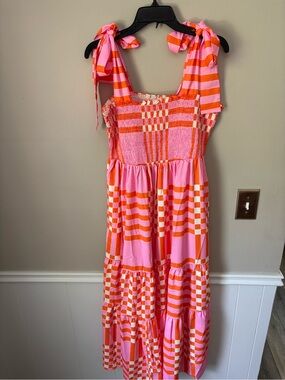 Pink & Orange Tie-Shoulder Smocked Midi Dress